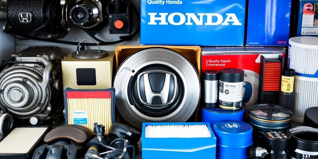 Close-up of Honda auto parts on display.