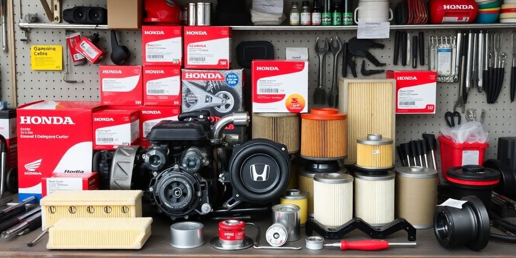 Quality Honda auto parts on a workshop bench.