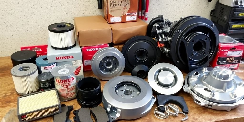 Assorted quality Honda spare parts on a workbench.