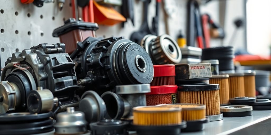 Honda parts neatly arranged on a workshop bench