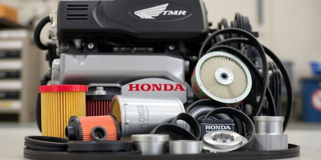 Honda car engine parts laid out.