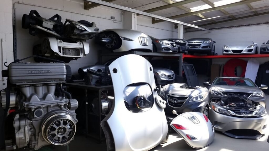 Used Honda auto parts arranged neatly in a garage.