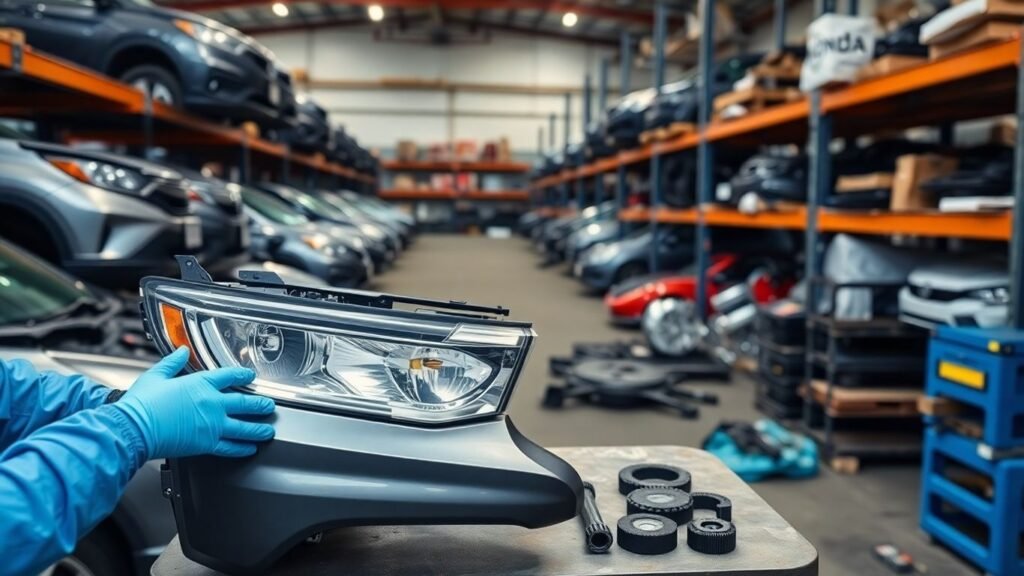 Organized yard with Honda CR-Vs, mechanic inspecting clean salvaged parts.