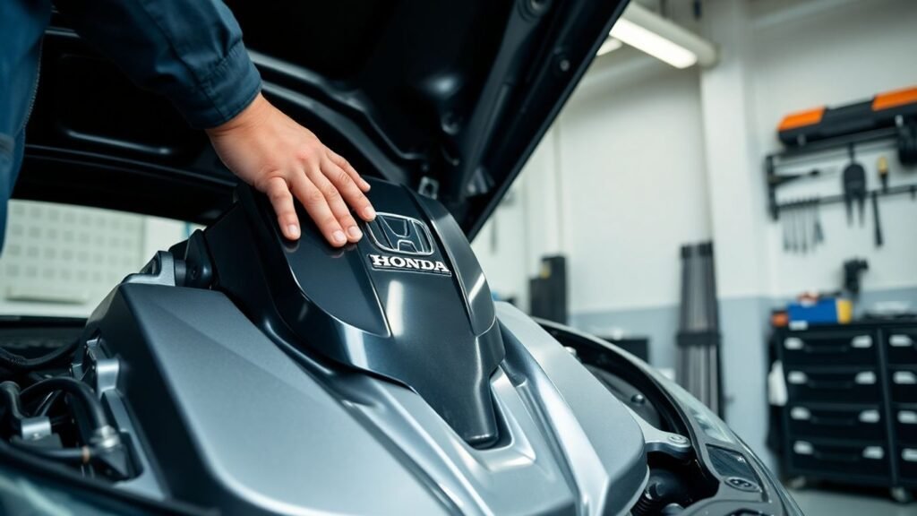 Mechanic working on a shiny Honda engine in a garage.
