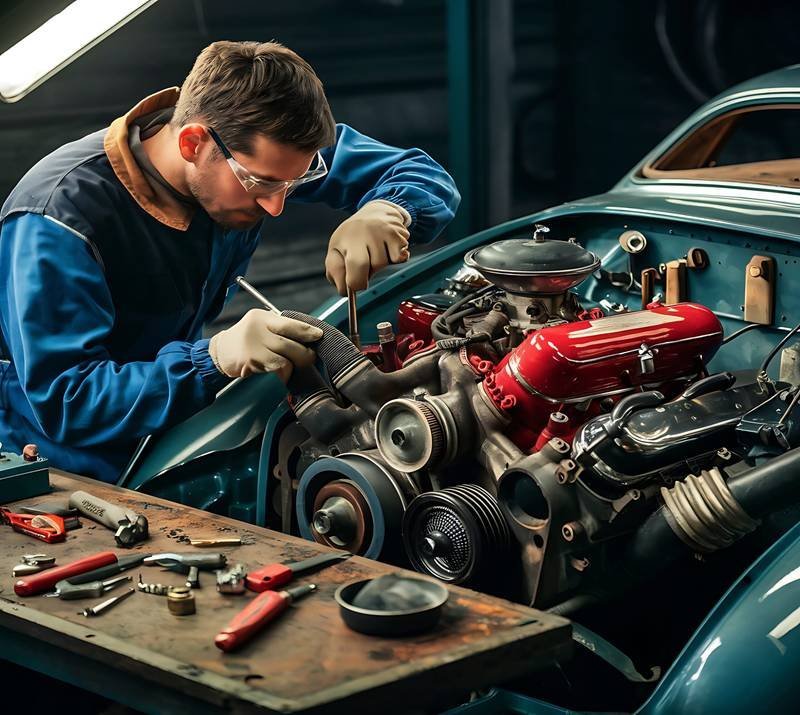 a mechanic working on a car engine