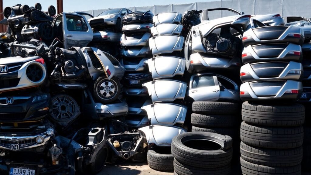 Honda car parts in a wrecking yard