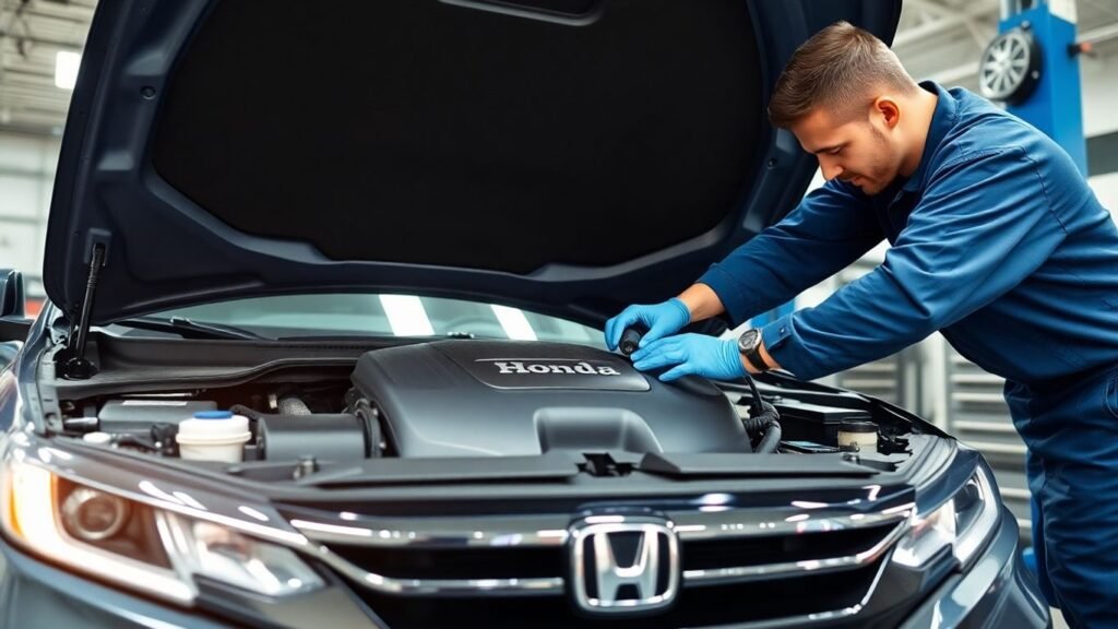 Mechanic working on Honda engine in auto shop