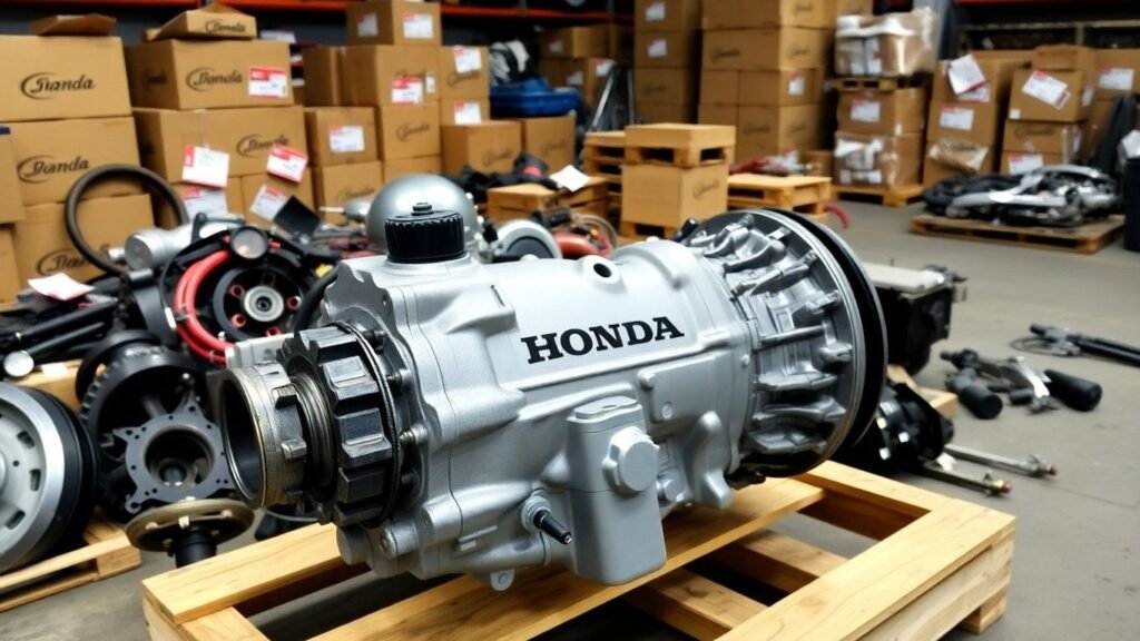 Honda gearbox on crate in auto workshop setting