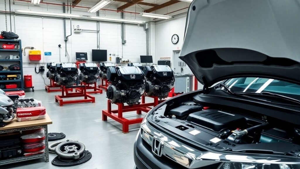 Honda engines and genuine parts in workshop setting