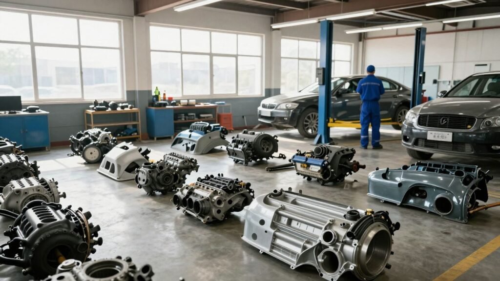 Honda car parts in a wrecking yard.