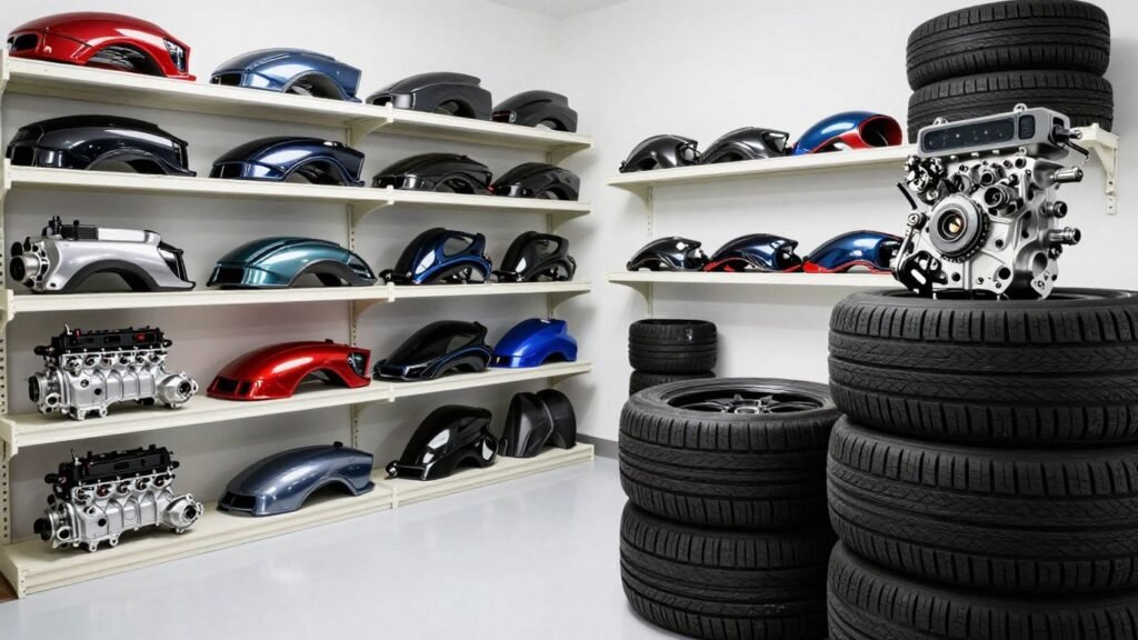 Honda Civic parts displayed in a garage setting.