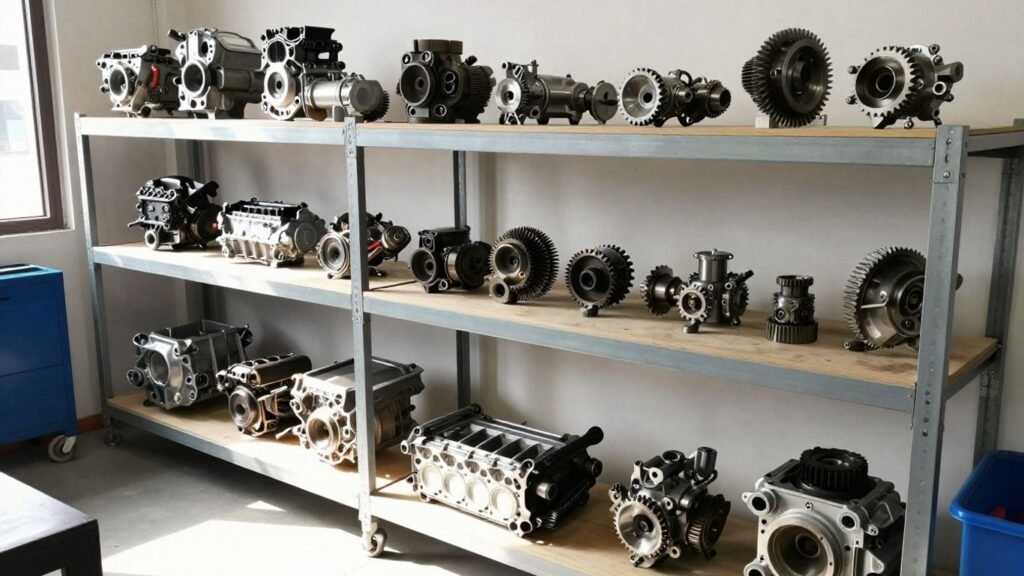 Used Honda engines and gearboxes in a workshop.