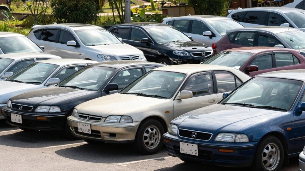 Honda cars in a yard, ready for trade-in.